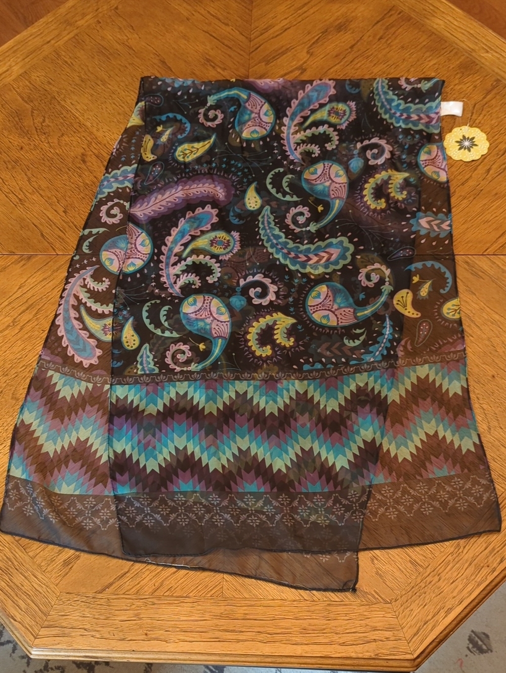 Black Paisley & Chevron Neon Print Whimsical Sheer Scarf Festival Boho Hippie